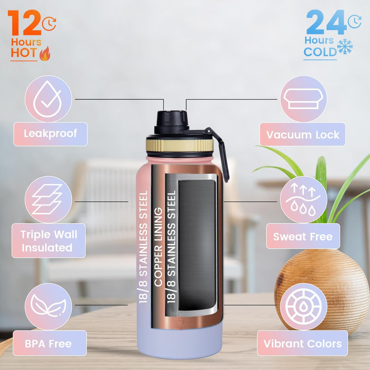 Lexlion Tea Infuser Water Bottle 22 Oz – Triple Wall Insulated Stainless Steel, Loose Leaf & Fruit Strainer, 3 Leakproof Lids, BPA-Free Silicone Sleeve, Reusable Thermal Mug