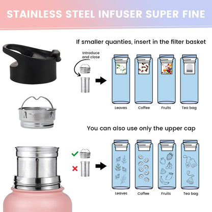 Lexlion Tea Infuser Water Bottle 22 Oz – Triple Wall Insulated Stainless Steel, Loose Leaf & Fruit Strainer, 3 Leakproof Lids, BPA-Free Silicone Sleeve, Reusable Thermal Mug