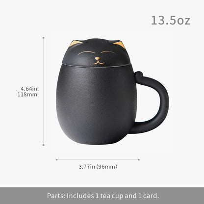 Black Cat Ceramic Tea Mug 13.5oz with Infuser and Lid, Black | Cat Lover & Cat Mom Birthday Gift for Women, Perfect for Loose Leaf Tea, Tea Strainer Cup for Home & Office Use