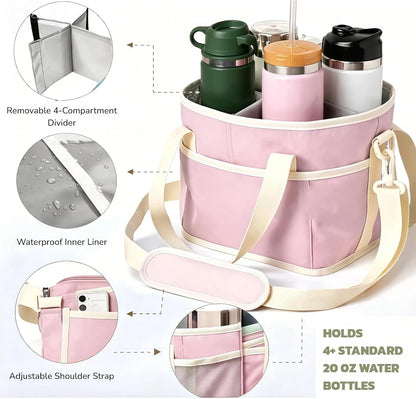 Family Size 4 Compartment Drink Bag, Multi Insulated Drink Carrier with Adjustable Strap & Handle Strap, Multiple Tumbler Carrier Caddy for Hiking, Walking, Sports, Family Outings (Lilac Colour)