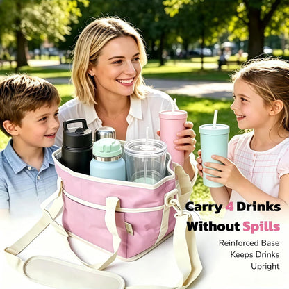 Family Size 4 Compartment Drink Bag, Multi Insulated Drink Carrier with Adjustable Strap & Handle Strap, Multiple Tumbler Carrier Caddy for Hiking, Walking, Sports, Family Outings (Lilac Colour)