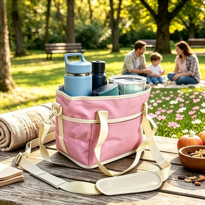 Family Size 4 Compartment Drink Bag, Multi Insulated Drink Carrier with Adjustable Strap & Handle Strap, Multiple Tumbler Carrier Caddy for Hiking, Walking, Sports, Family Outings (Lilac Colour)