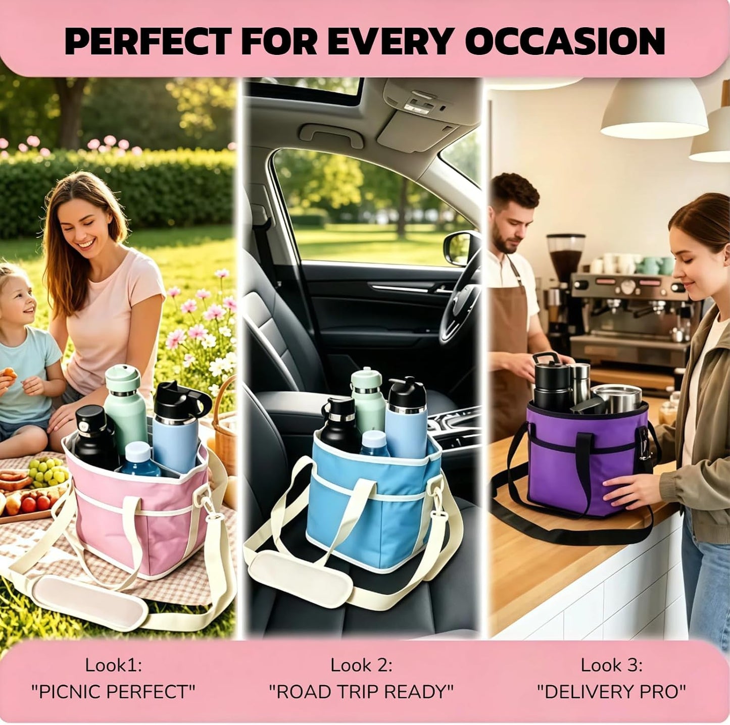 Family Size 4 Compartment Drink Bag, Multi Insulated Drink Carrier with Adjustable Strap & Handle Strap, Multiple Tumbler Carrier Caddy for Hiking, Walking, Sports, Family Outings (Lilac Colour)