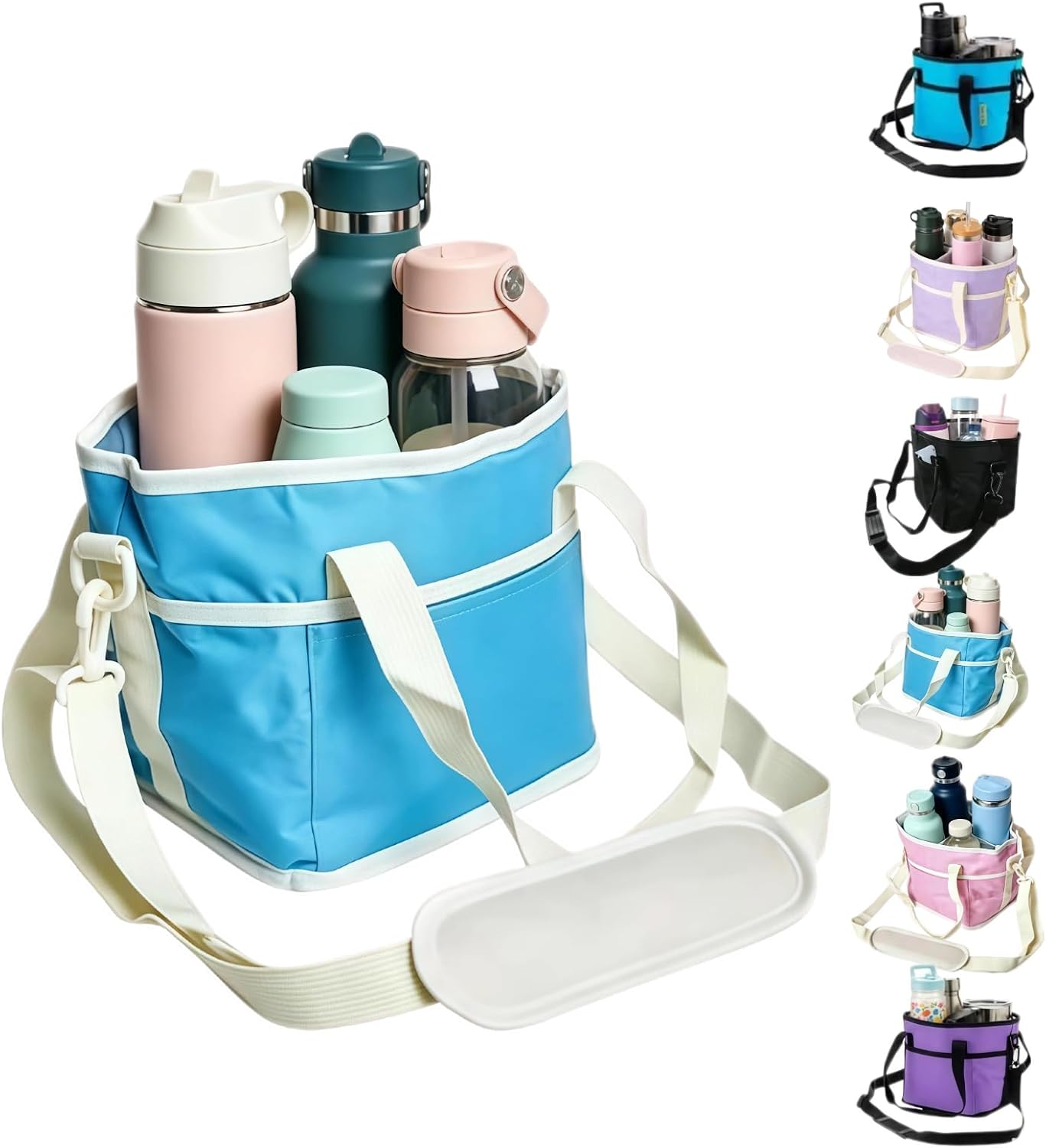 Family Size 4 Compartment Drink Bag, Multi Insulated Drink Carrier with Adjustable Strap & Handle Strap, Multiple Tumbler Carrier Caddy for Hiking, Walking, Sports, Family Outings (Lilac Colour)