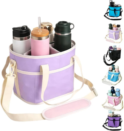 Family Size 4 Compartment Drink Bag, Multi Insulated Drink Carrier with Adjustable Strap & Handle Strap, Multiple Tumbler Carrier Caddy for Hiking, Walking, Sports, Family Outings (Lilac Colour)