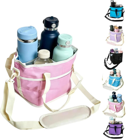 Family Size 4 Compartment Drink Bag, Multi Insulated Drink Carrier with Adjustable Strap & Handle Strap, Multiple Tumbler Carrier Caddy for Hiking, Walking, Sports, Family Outings (Lilac Colour)