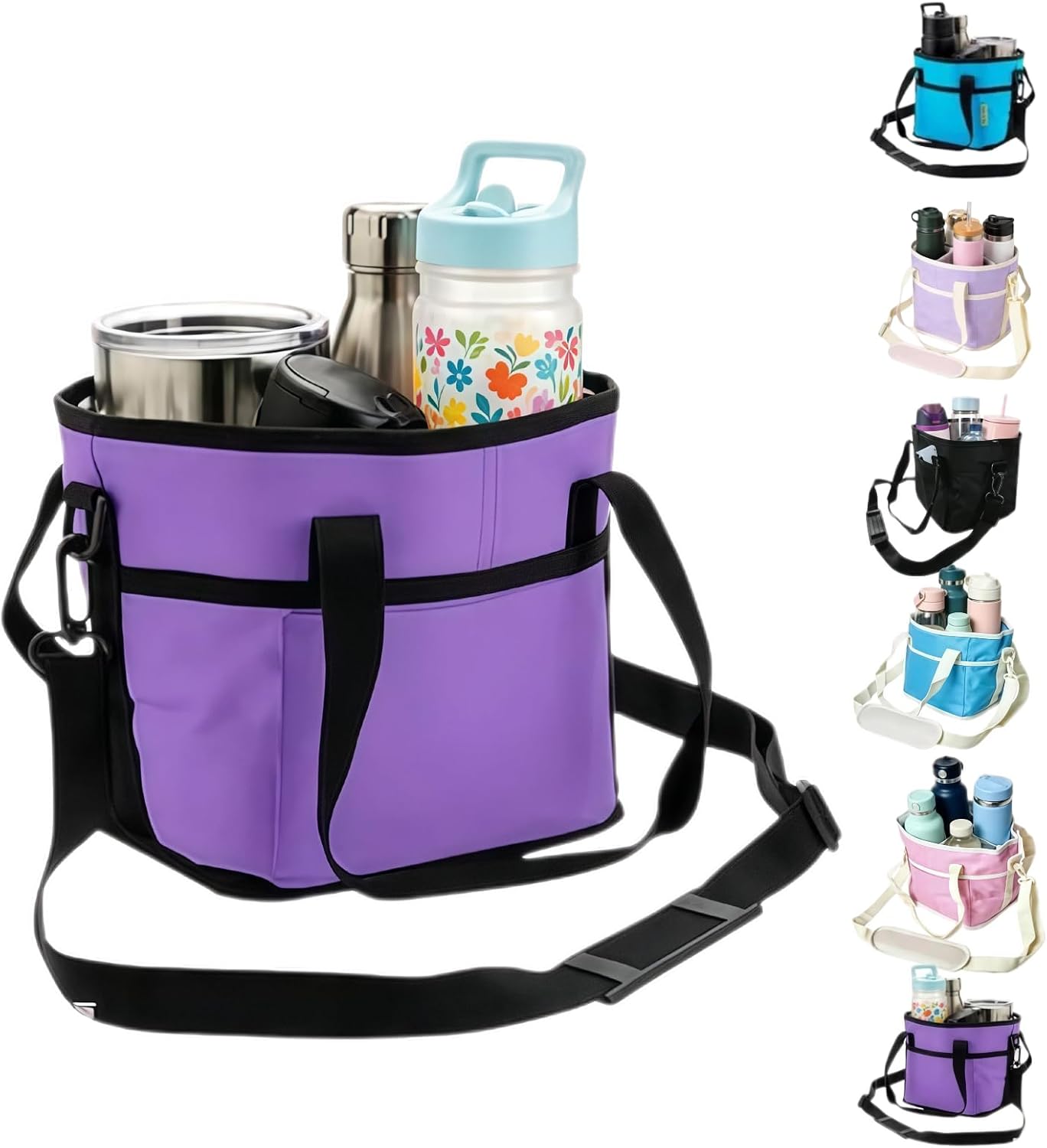 Family Size 4 Compartment Drink Bag, Multi Insulated Drink Carrier with Adjustable Strap & Handle Strap, Multiple Tumbler Carrier Caddy for Hiking, Walking, Sports, Family Outings (Lilac Colour)