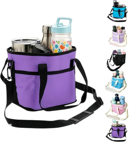 Family Size 4 Compartment Drink Bag, Multi Insulated Drink Carrier with Adjustable Strap & Handle Strap, Multiple Tumbler Carrier Caddy for Hiking, Walking, Sports, Family Outings (Lilac Colour)