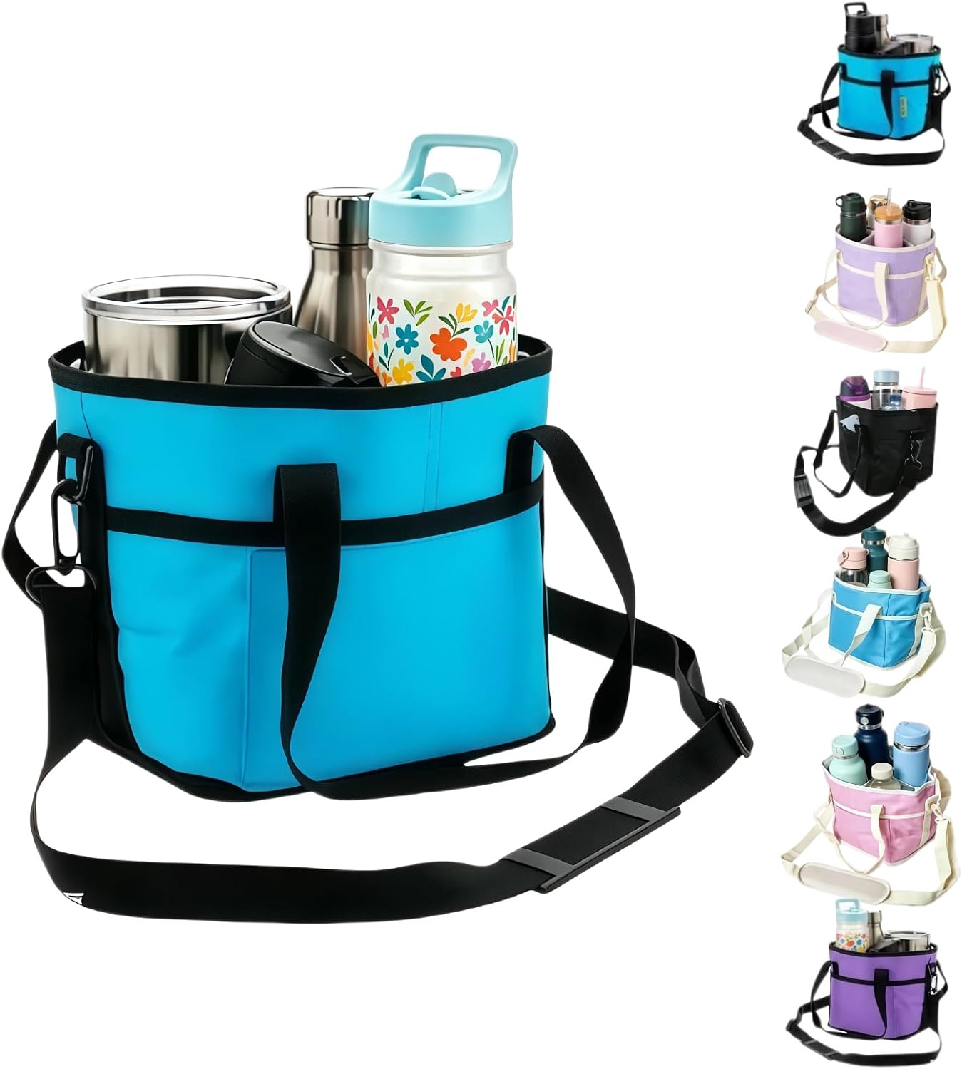 Family Size 4 Compartment Drink Bag, Multi Insulated Drink Carrier with Adjustable Strap & Handle Strap, Multiple Tumbler Carrier Caddy for Hiking, Walking, Sports, Family Outings (Lilac Colour)