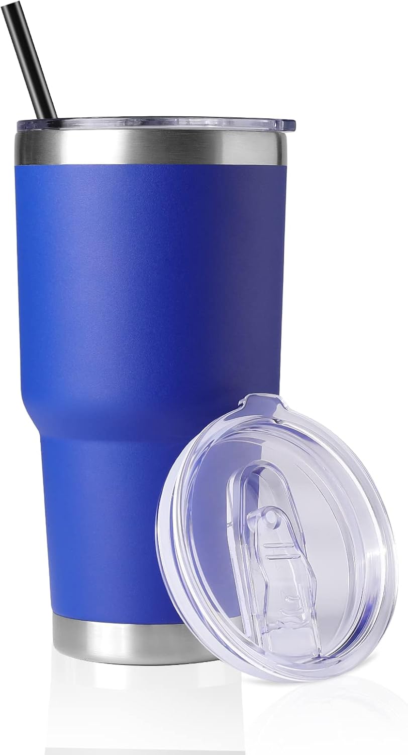 DOMICARE 30 oz Tumbler with Lid and Straw, Stainless Steel Tumblers Bulk, Insulated Vacuum Double Wall Travel Coffee Mug, Durable Powder Coated Tumbler Cup (Stainless Steel, 1)