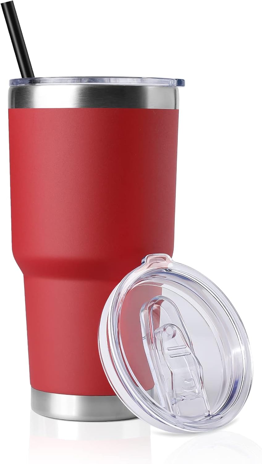 DOMICARE 30 oz Tumbler with Lid and Straw, Stainless Steel Tumblers Bulk, Insulated Vacuum Double Wall Travel Coffee Mug, Durable Powder Coated Tumbler Cup (Stainless Steel, 1)