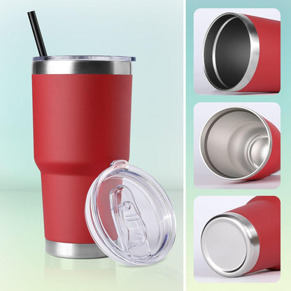 DOMICARE 30 oz Tumbler with Lid and Straw, Stainless Steel Tumblers Bulk, Insulated Vacuum Double Wall Travel Coffee Mug, Durable Powder Coated Tumbler Cup (Stainless Steel, 1)