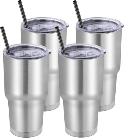 DOMICARE 30 oz Tumbler with Lid and Straw, Stainless Steel Tumblers Bulk, Insulated Vacuum Double Wall Travel Coffee Mug, Durable Powder Coated Tumbler Cup (Stainless Steel, 1)