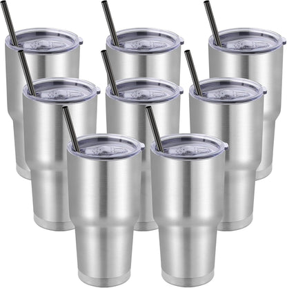DOMICARE 30 oz Tumbler with Lid and Straw, Stainless Steel Tumblers Bulk, Insulated Vacuum Double Wall Travel Coffee Mug, Durable Powder Coated Tumbler Cup (Stainless Steel, 1)