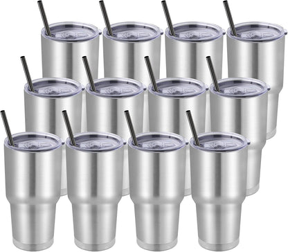 DOMICARE 30 oz Tumbler with Lid and Straw, Stainless Steel Tumblers Bulk, Insulated Vacuum Double Wall Travel Coffee Mug, Durable Powder Coated Tumbler Cup (Stainless Steel, 1)