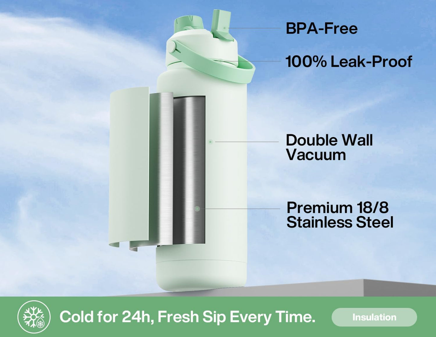 26 oz Insulated Water Bottle with 2-in-1 Straw and Spout Lid, Keep Cold 24H, Leak-Proof, Fits in Car Cup Holder, Stainless Steel Water Bottle for Sports, Gym, Travel, and School (Mousse) - Colors B