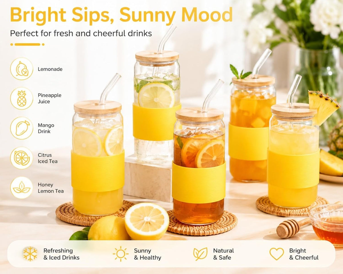 Glass Cup with Lid and Straw, 16 oz Reusable Iced Coffee Cup with Bamboo Lid, Lemon Yellow Silicone Sleeve and Cleaning Brush, for Cold Brew and Iced Drinks,Lemon Yellow