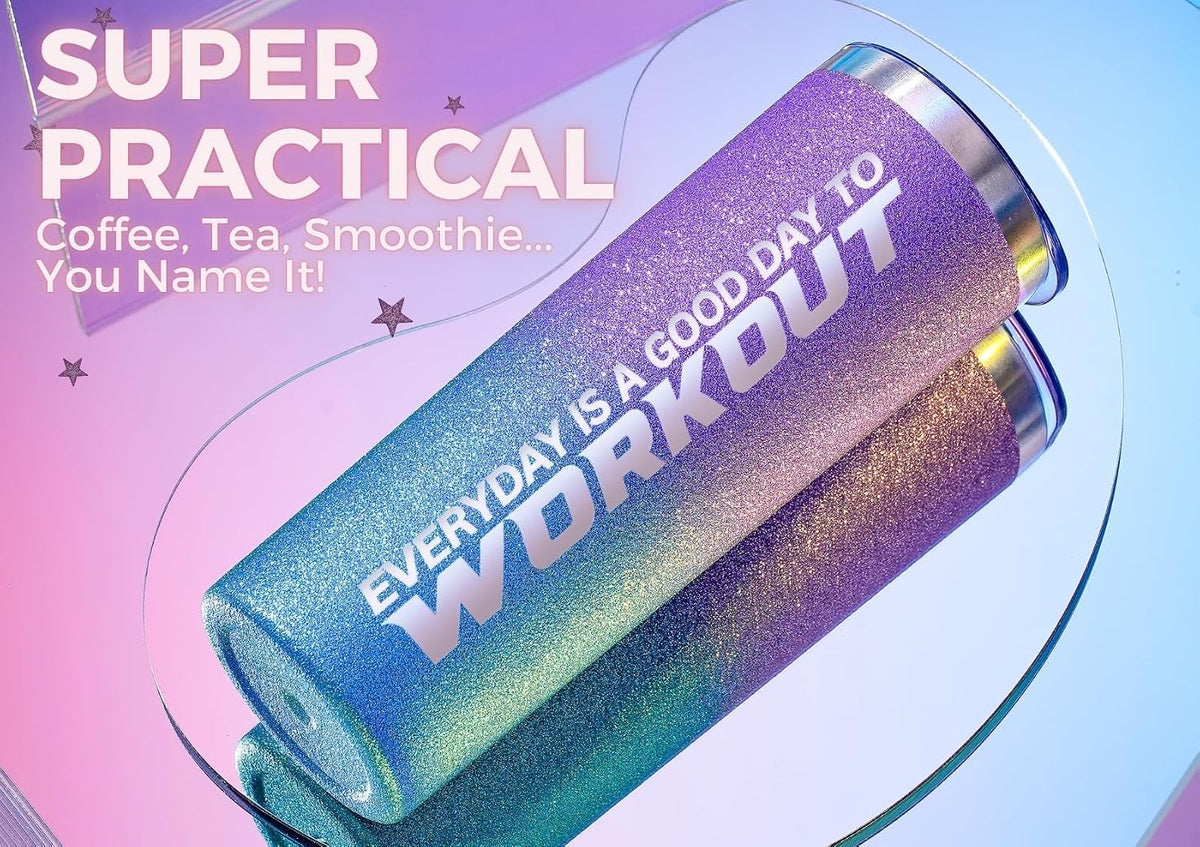 Fitness Gifts for Women/Girls - 20 oz Stainless Steel Workout Glitter Tumbler, Gym