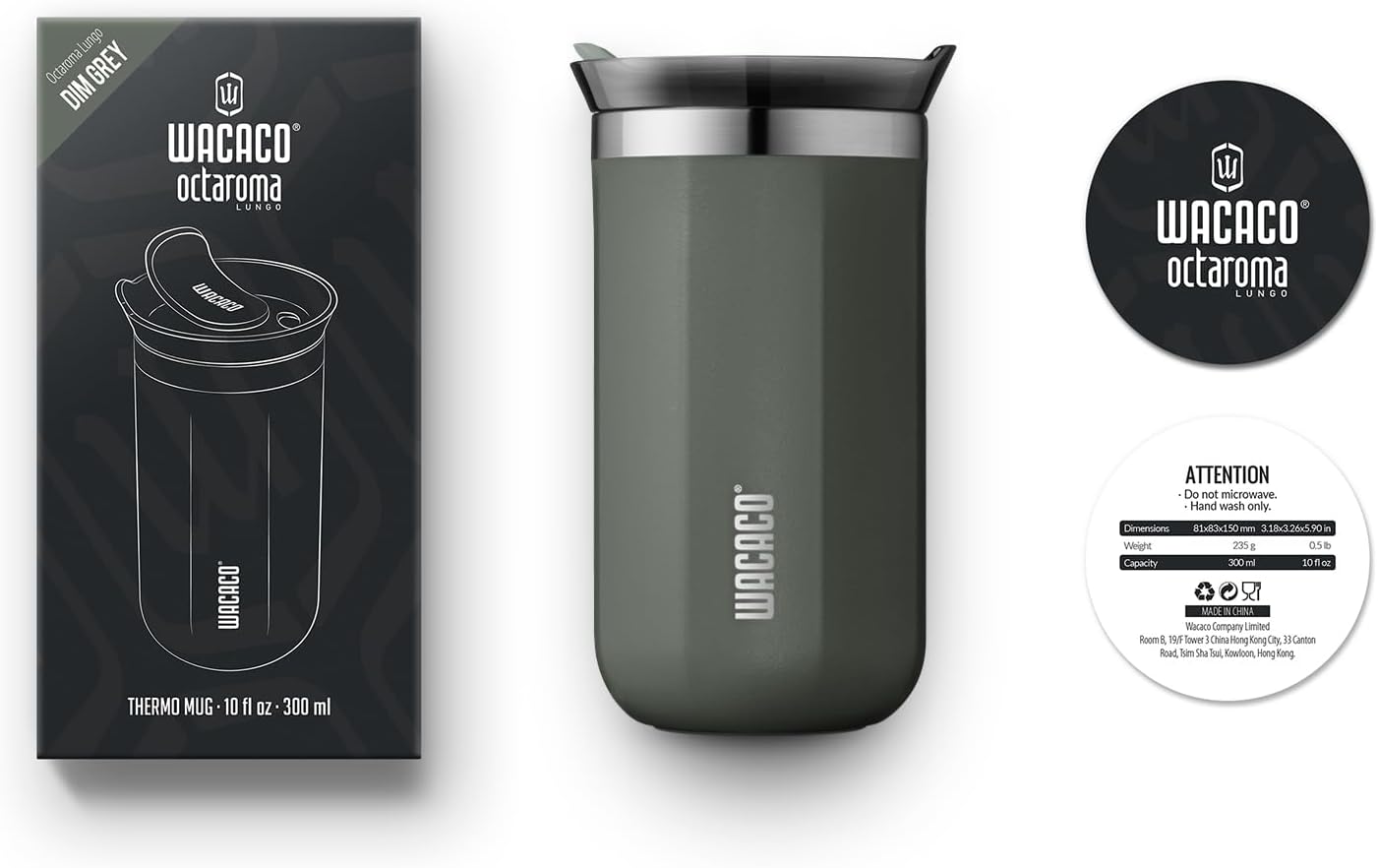 Octaroma Grande Vacuum Insulated Coffee Mug, 15 fl oz (435ml), Double-wall Stainless Steel Travel Tumbler With Drinking Lid, Dim Grey