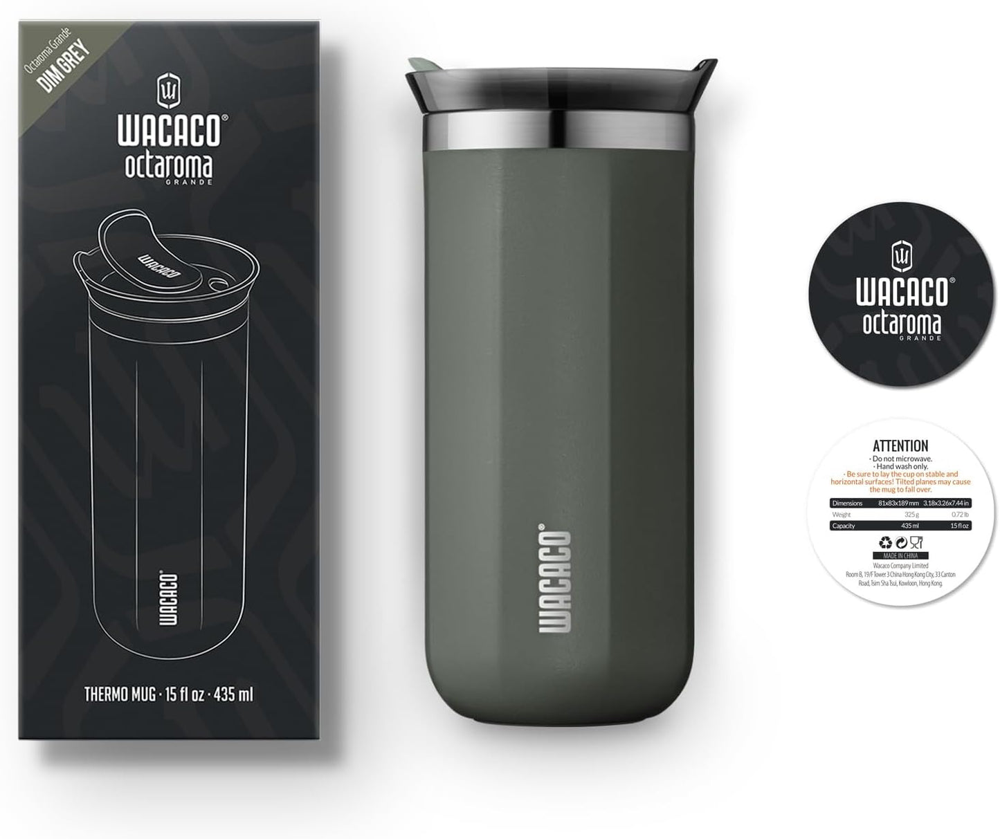 Octaroma Grande Vacuum Insulated Coffee Mug, 15 fl oz (435ml), Double-wall Stainless Steel Travel Tumbler With Drinking Lid, Dim Grey