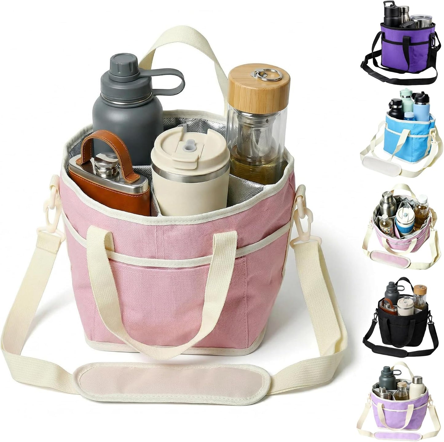 Family Size 4 Compartment Drink Bag, Drink Carrier Bag, Tumbler Drink Bag Carrier with Adjustable Strap with Front Pocket for Sports, Travel, Work, Beach, Picnics and No-Spill for Car (Pink)
