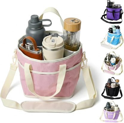 Family Size 4 Compartment Drink Bag, Drink Carrier Bag, Tumbler Drink Bag Carrier with Adjustable Strap with Front Pocket for Sports, Travel, Work, Beach, Picnics and No-Spill for Car (Pink)