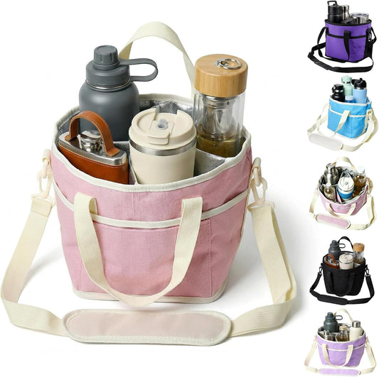 Family Size 4 Compartment Drink Bag, Drink Carrier Bag, Tumbler Drink Bag Carrier with Adjustable Strap with Front Pocket for Sports, Travel, Work, Beach, Picnics and No-Spill for Car (Pink)