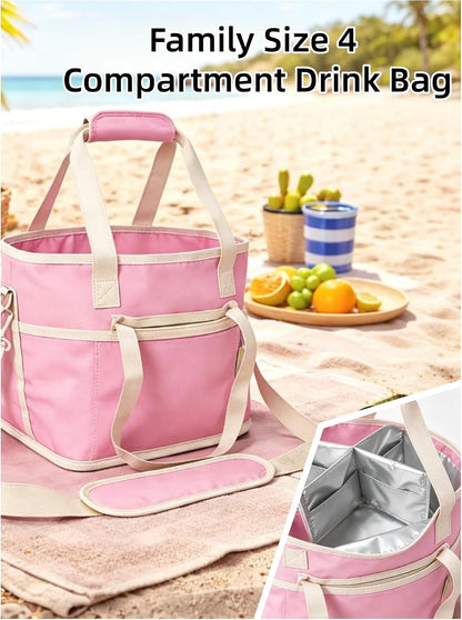 Family Size 4 Compartment Drink Bag, Drink Carrier Bag, Tumbler Drink Bag Carrier with Adjustable Strap with Front Pocket for Sports, Travel, Work, Beach, Picnics and No-Spill for Car (Pink)