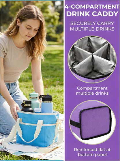 Family Size 4 Compartment Drink Bag, Drink Carrier Bag, Tumbler Drink Bag Carrier with Adjustable Strap with Front Pocket for Sports, Travel, Work, Beach, Picnics and No-Spill for Car (Pink)