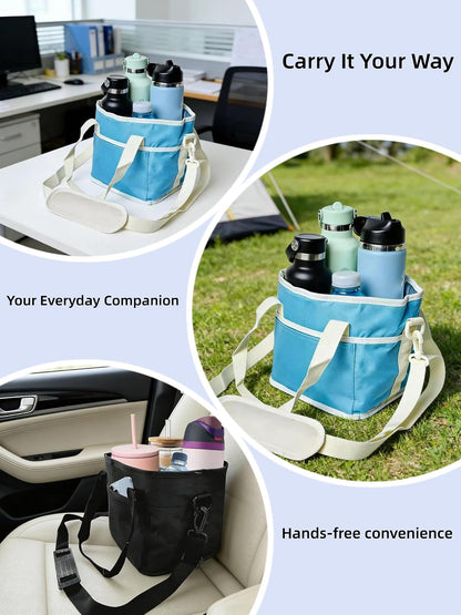 Family Size 4 Compartment Drink Bag, Drink Carrier Bag, Tumbler Drink Bag Carrier with Adjustable Strap with Front Pocket for Sports, Travel, Work, Beach, Picnics and No-Spill for Car (Pink)