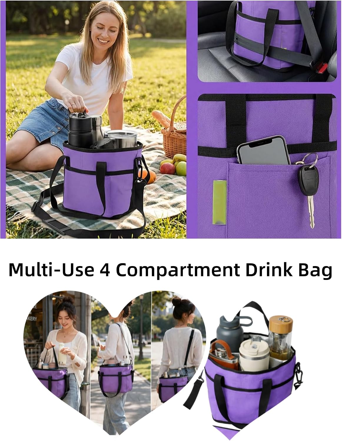 Family Size 4 Compartment Drink Bag, Drink Carrier Bag, Tumbler Drink Bag Carrier with Adjustable Strap with Front Pocket for Sports, Travel, Work, Beach, Picnics and No-Spill for Car (Pink)