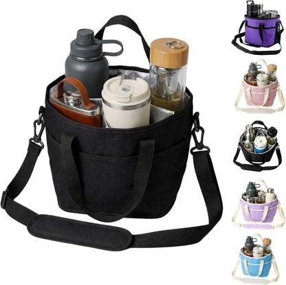 Family Size 4 Compartment Drink Bag, Drink Carrier Bag, Tumbler Drink Bag Carrier with Adjustable Strap with Front Pocket for Sports, Travel, Work, Beach, Picnics and No-Spill for Car (Pink)