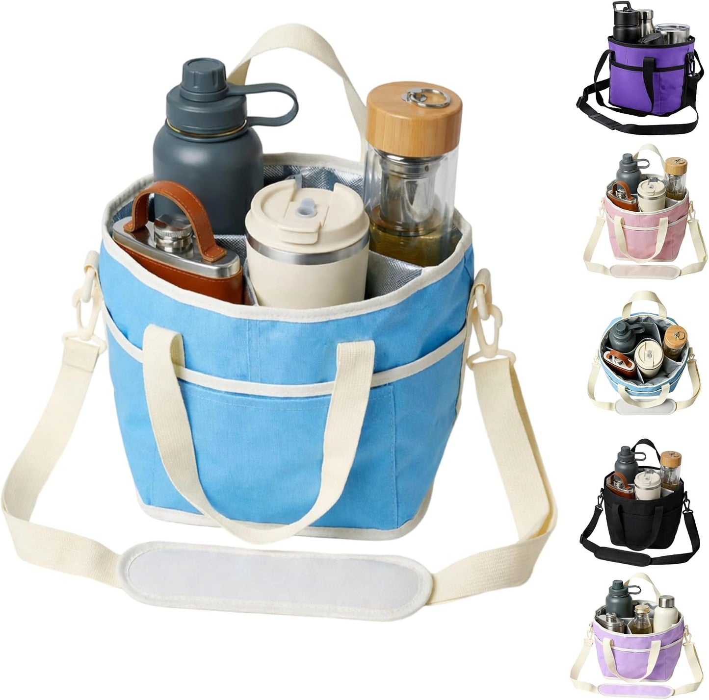 Family Size 4 Compartment Drink Bag, Drink Carrier Bag, Tumbler Drink Bag Carrier with Adjustable Strap with Front Pocket for Sports, Travel, Work, Beach, Picnics and No-Spill for Car (Pink)