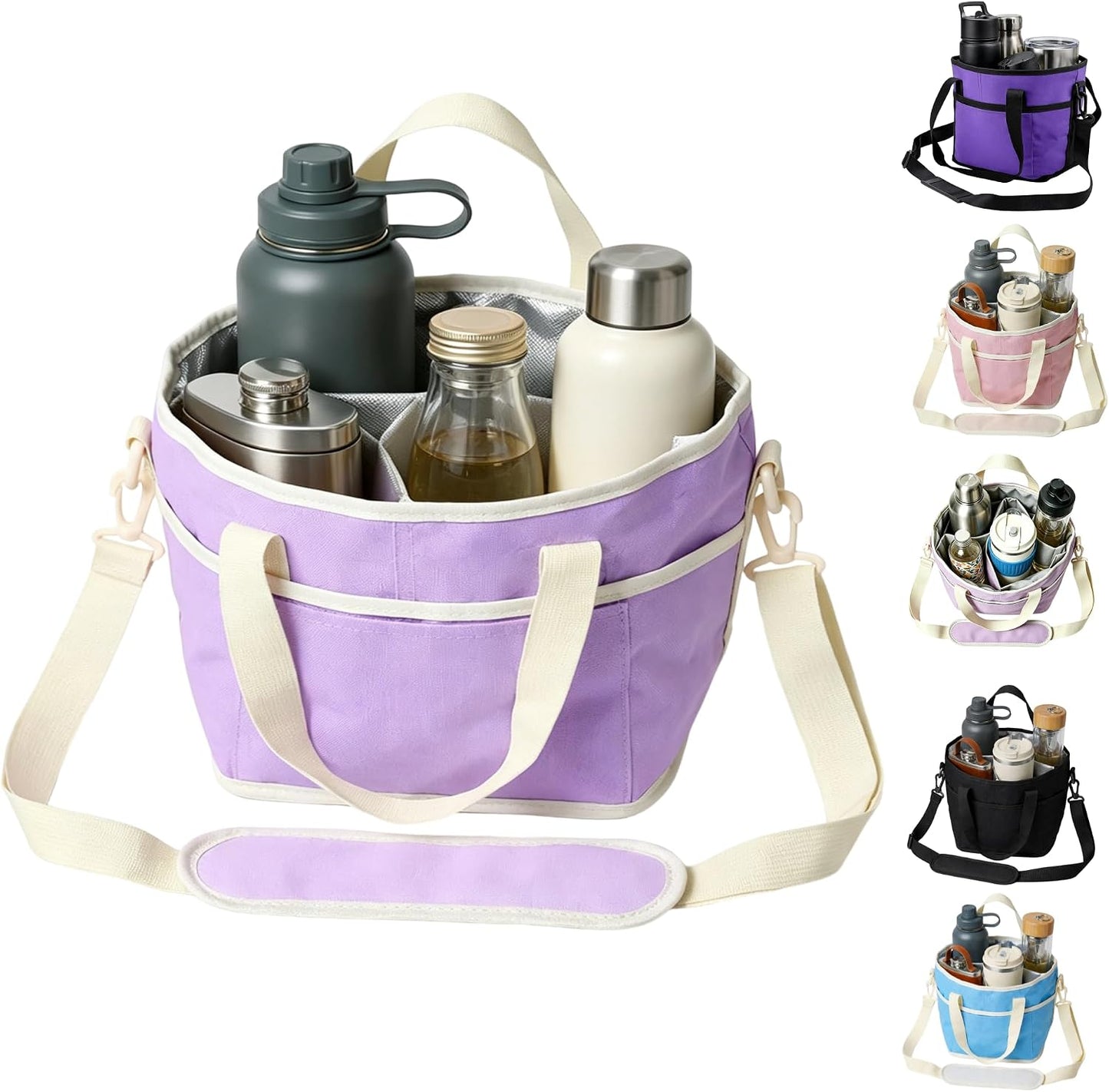 Family Size 4 Compartment Drink Bag, Drink Carrier Bag, Tumbler Drink Bag Carrier with Adjustable Strap with Front Pocket for Sports, Travel, Work, Beach, Picnics and No-Spill for Car (Pink)