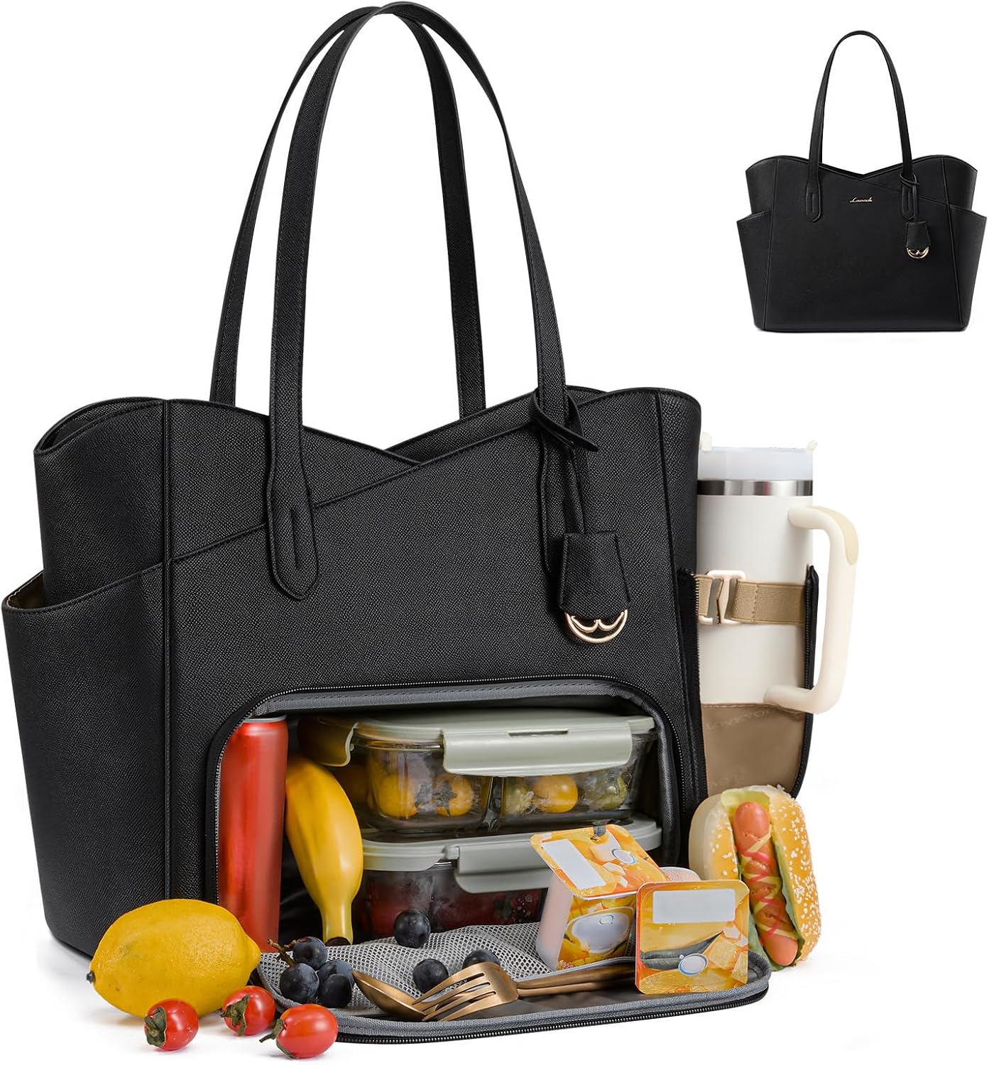 Lunch Bag for Women,2 in 1 PU Work Tote Bag with Lunch Compartment with Giant Tumbler Side Pocket, 17.3" Laptop Tote Bag with Padded Sleeve for Teacher,Nurse,College