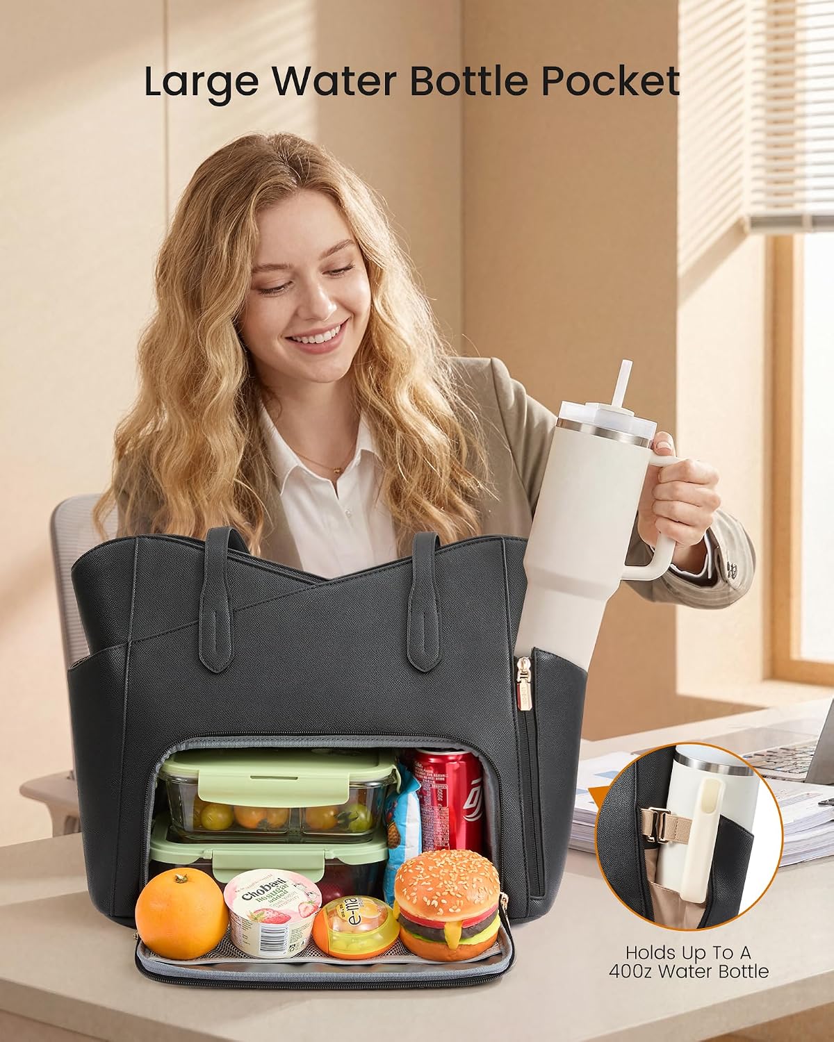 Lunch Bag for Women,2 in 1 PU Work Tote Bag with Lunch Compartment with Giant Tumbler Side Pocket, 17.3" Laptop Tote Bag with Padded Sleeve for Teacher,Nurse,College