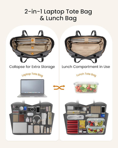 Lunch Bag for Women,2 in 1 PU Work Tote Bag with Lunch Compartment with Giant Tumbler Side Pocket, 17.3" Laptop Tote Bag with Padded Sleeve for Teacher,Nurse,College
