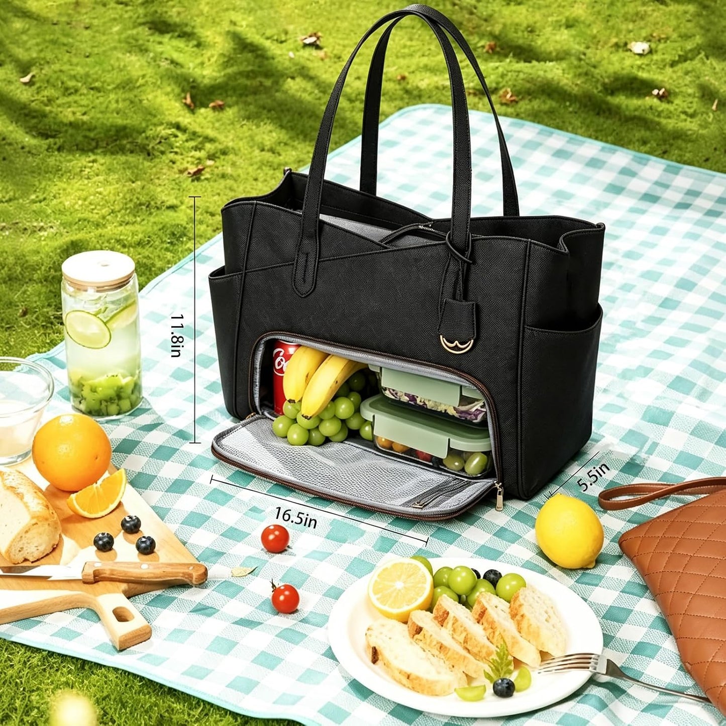 Lunch Bag for Women,2 in 1 PU Work Tote Bag with Lunch Compartment with Giant Tumbler Side Pocket, 17.3" Laptop Tote Bag with Padded Sleeve for Teacher,Nurse,College