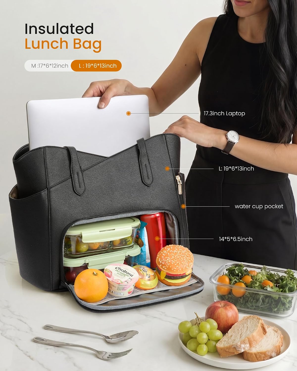 Lunch Bag for Women,2 in 1 PU Work Tote Bag with Lunch Compartment with Giant Tumbler Side Pocket, 17.3" Laptop Tote Bag with Padded Sleeve for Teacher,Nurse,College