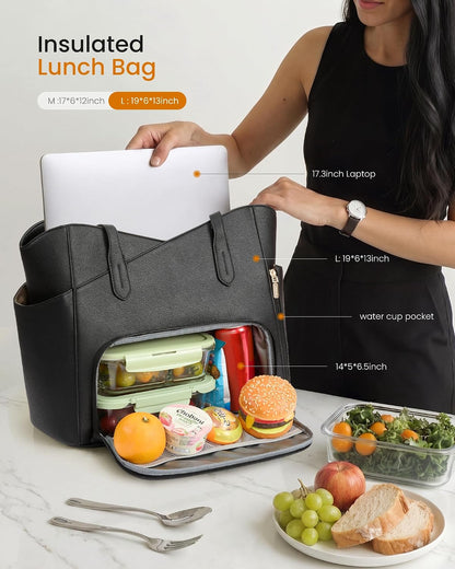 Lunch Bag for Women,2 in 1 PU Work Tote Bag with Lunch Compartment with Giant Tumbler Side Pocket, 17.3" Laptop Tote Bag with Padded Sleeve for Teacher,Nurse,College