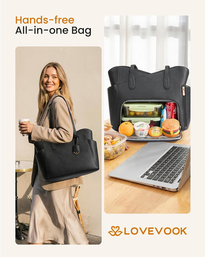 Lunch Bag for Women,2 in 1 PU Work Tote Bag with Lunch Compartment with Giant Tumbler Side Pocket, 17.3" Laptop Tote Bag with Padded Sleeve for Teacher,Nurse,College