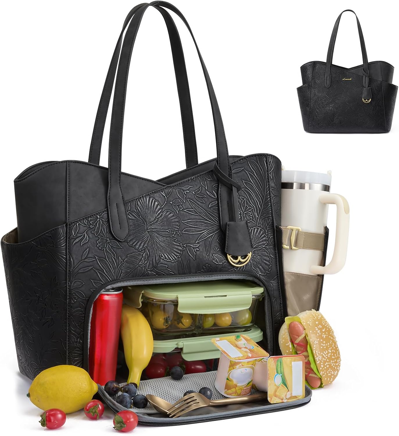 Lunch Bag for Women,2 in 1 PU Work Tote Bag with Lunch Compartment with Giant Tumbler Side Pocket, 17.3" Laptop Tote Bag with Padded Sleeve for Teacher,Nurse,College