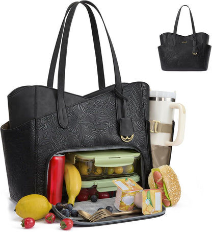 Lunch Bag for Women,2 in 1 PU Work Tote Bag with Lunch Compartment with Giant Tumbler Side Pocket, 17.3" Laptop Tote Bag with Padded Sleeve for Teacher,Nurse,College