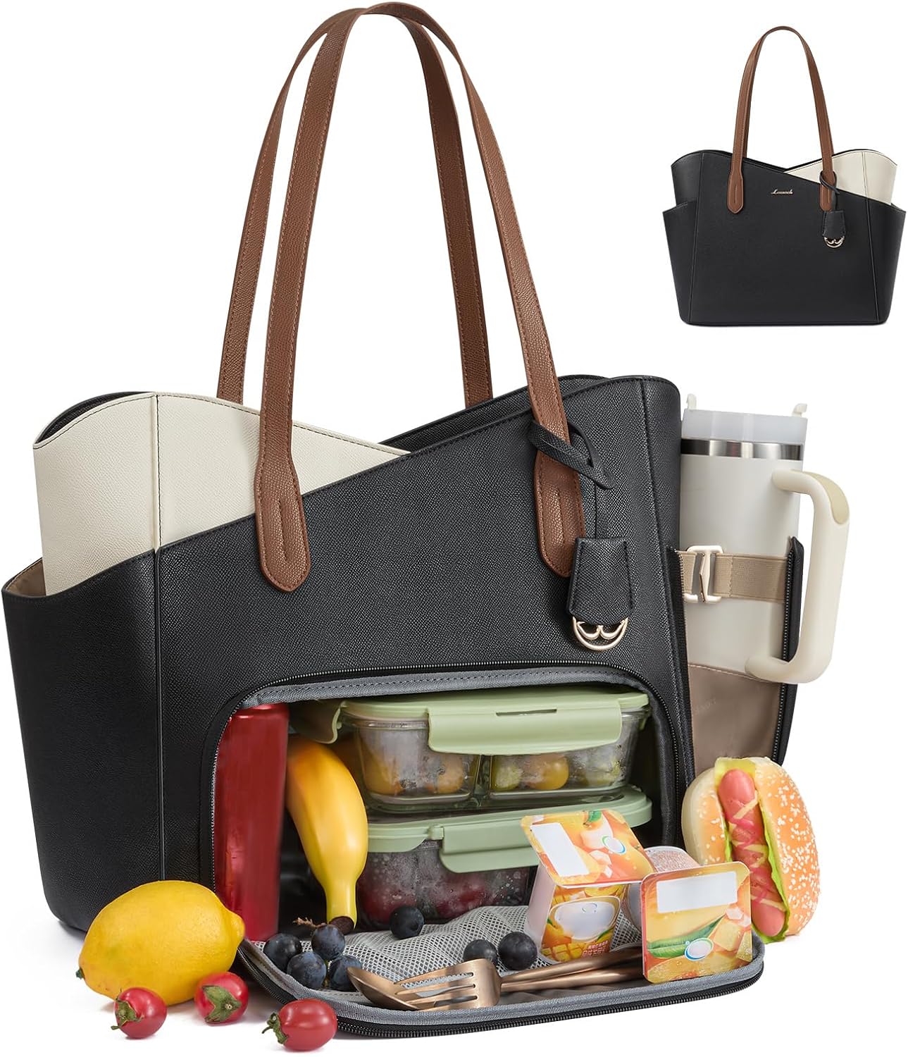 Lunch Bag for Women,2 in 1 PU Work Tote Bag with Lunch Compartment with Giant Tumbler Side Pocket, 17.3" Laptop Tote Bag with Padded Sleeve for Teacher,Nurse,College