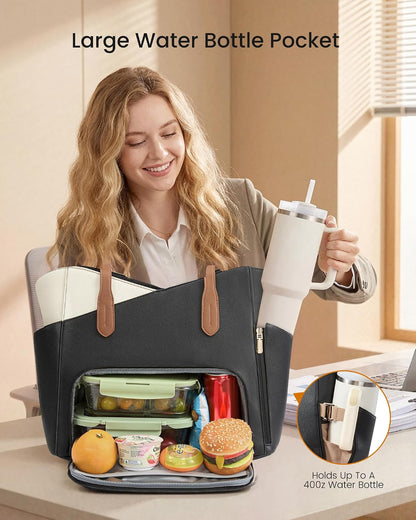 Lunch Bag for Women,2 in 1 PU Work Tote Bag with Lunch Compartment with Giant Tumbler Side Pocket, 17.3" Laptop Tote Bag with Padded Sleeve for Teacher,Nurse,College