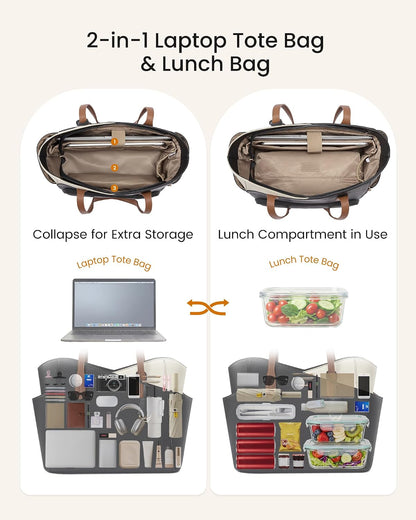 Lunch Bag for Women,2 in 1 PU Work Tote Bag with Lunch Compartment with Giant Tumbler Side Pocket, 17.3" Laptop Tote Bag with Padded Sleeve for Teacher,Nurse,College