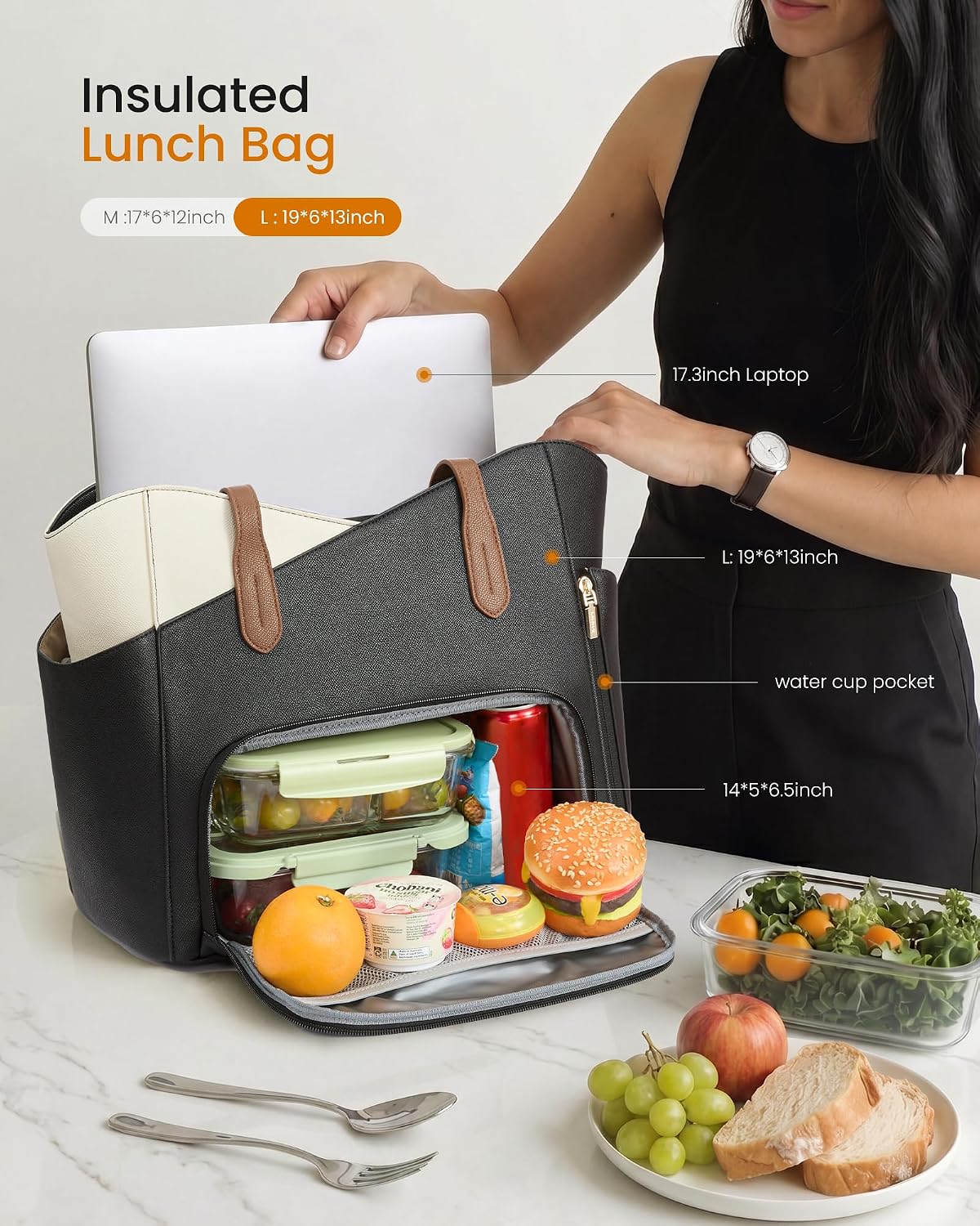 Lunch Bag for Women,2 in 1 PU Work Tote Bag with Lunch Compartment with Giant Tumbler Side Pocket, 17.3" Laptop Tote Bag with Padded Sleeve for Teacher,Nurse,College