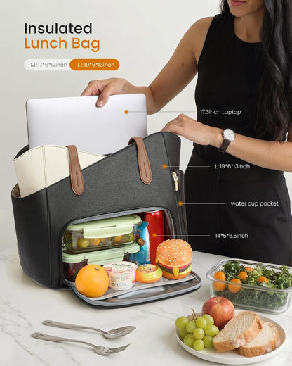 Lunch Bag for Women,2 in 1 PU Work Tote Bag with Lunch Compartment with Giant Tumbler Side Pocket, 17.3" Laptop Tote Bag with Padded Sleeve for Teacher,Nurse,College