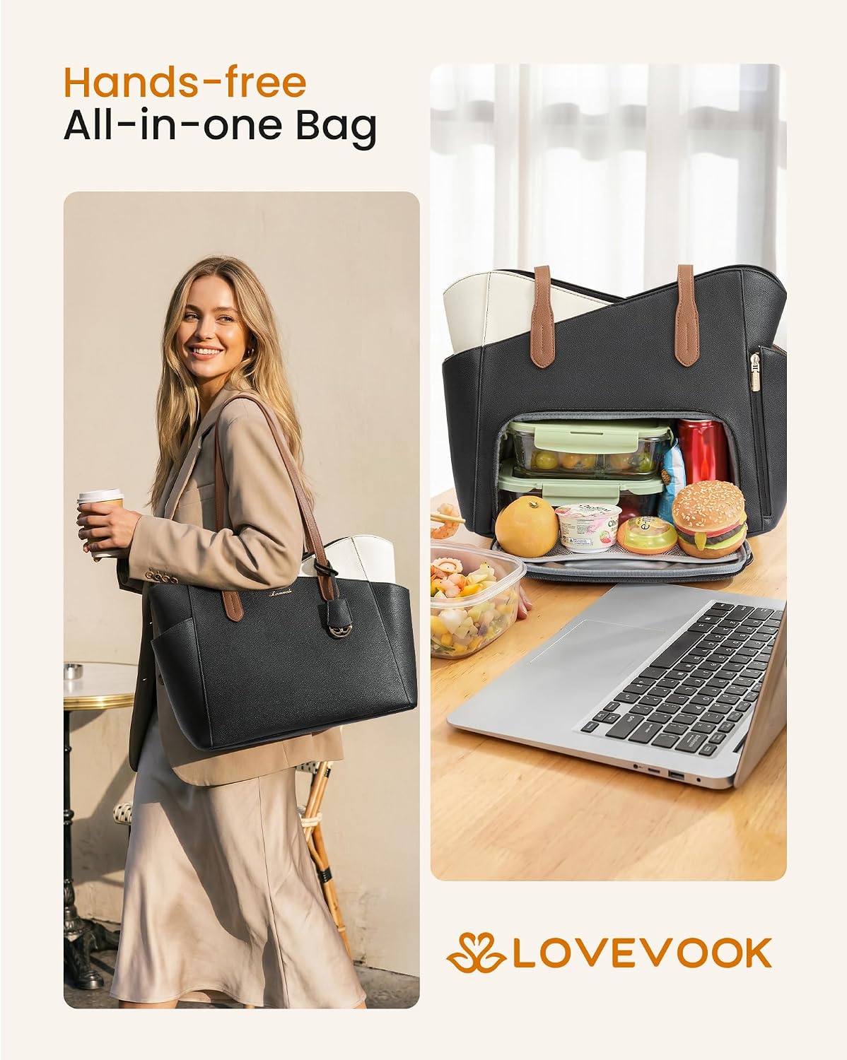Lunch Bag for Women,2 in 1 PU Work Tote Bag with Lunch Compartment with Giant Tumbler Side Pocket, 17.3" Laptop Tote Bag with Padded Sleeve for Teacher,Nurse,College