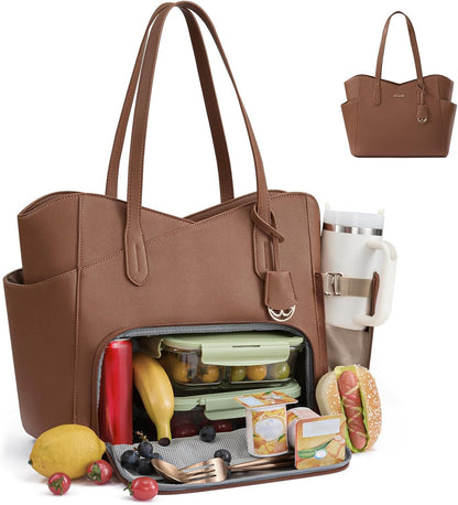Lunch Bag for Women,2 in 1 PU Work Tote Bag with Lunch Compartment with Giant Tumbler Side Pocket, 17.3" Laptop Tote Bag with Padded Sleeve for Teacher,Nurse,College
